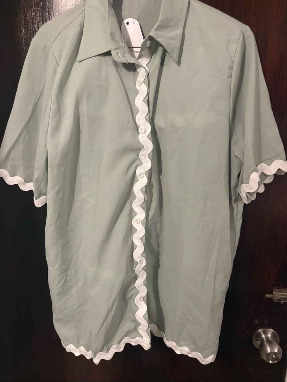 New Three Pieces Sage Green Set: Button-Front Top, Crop Top and Short Pants.